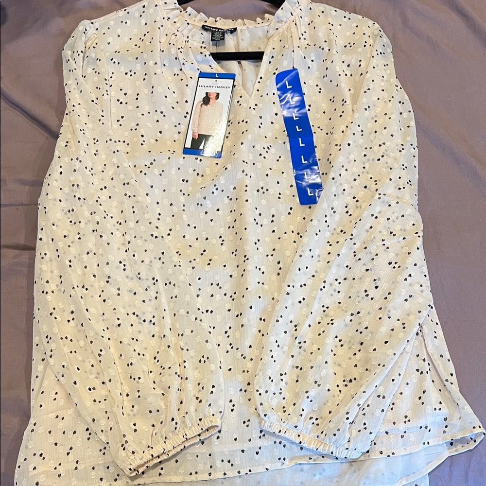 Hilary Radley Cream and Black Speckled Blouse. Size L. NWT.